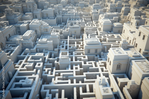 City as maze with streets and high rising buildings. Futuristic architecture