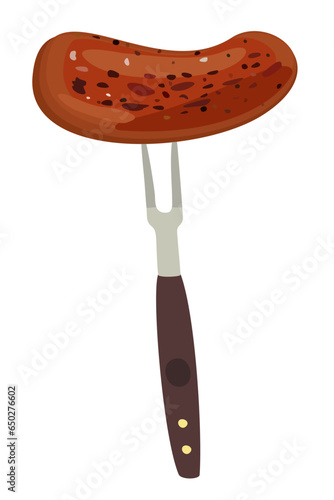 Grilled sausage on a fork. Vector isolated illustration.