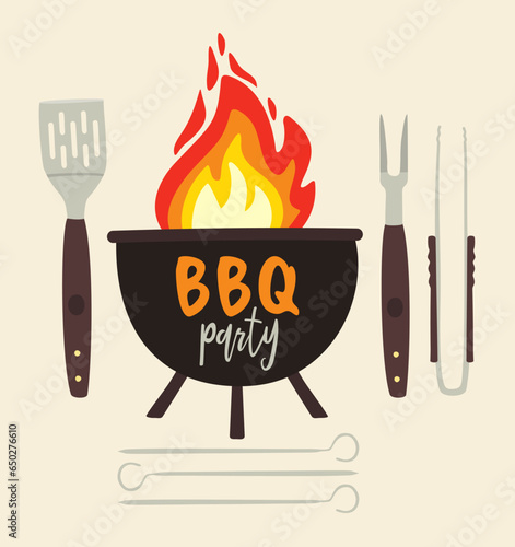 Grill barbecue. Vector illustration of bbq objects with lettering