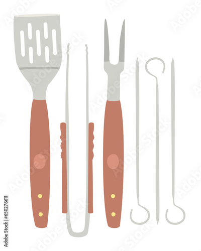 Barbecue set. Grill spatula, barbecue tongs, barbecue fork, skewers. Vector isolated collection