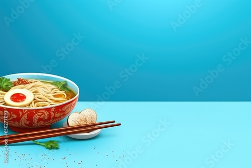 blue banner with soup and ramen noodles. place for text. advertising. japanese asian food