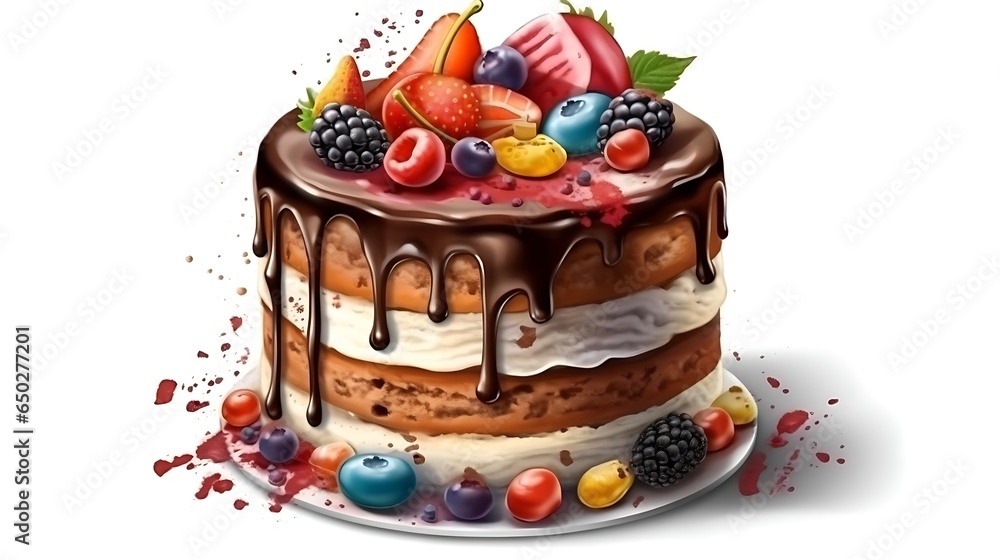 Birthday cake highly decorated with fruits graphic illustration artwork in high resolution for print