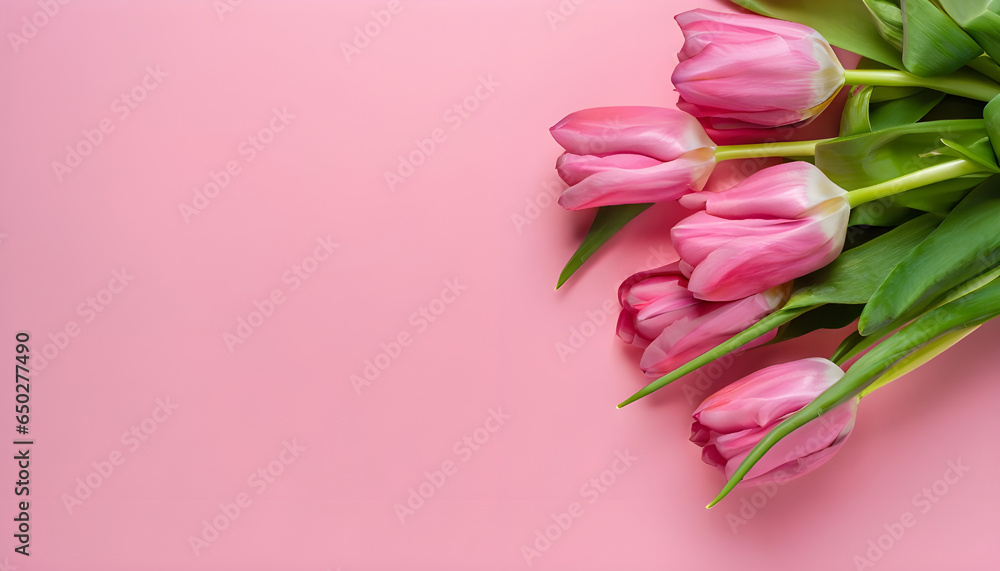 Obraz premium Flowers composition romantic. Pink flowers tulips on white background. Wedding. Birthday. Happy woman's day. Mothers Day. Valentine's Day. Flat lay, top view, copy space