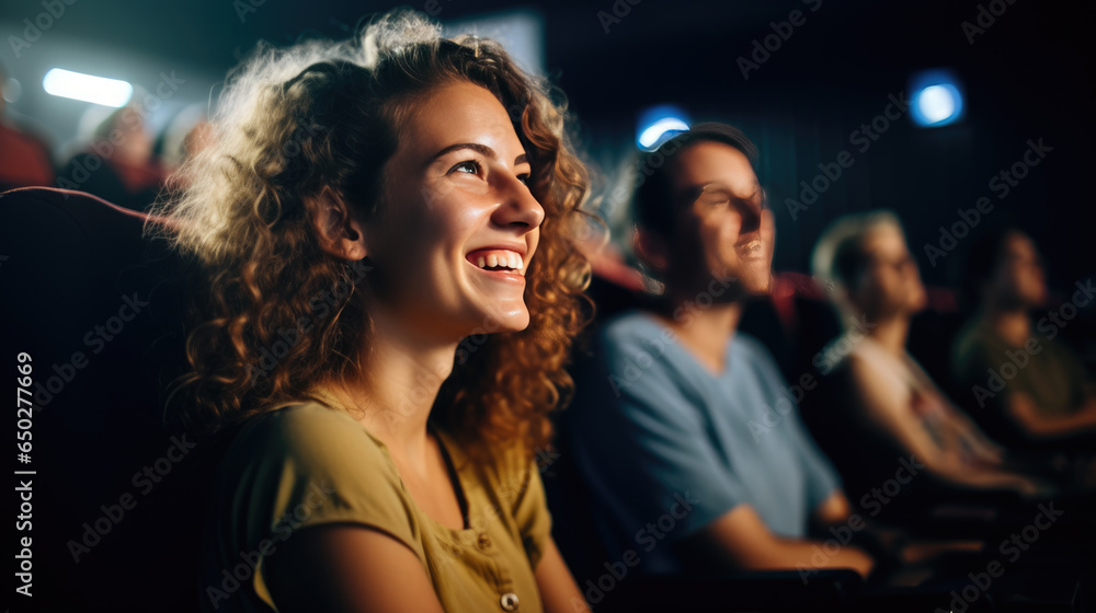 Happy smiling woman sitting in a movie theater and watching a movie.