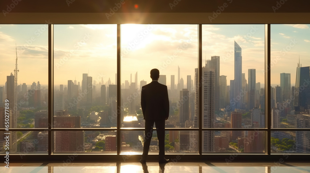 A successful businessman overlooking the city from a large window.