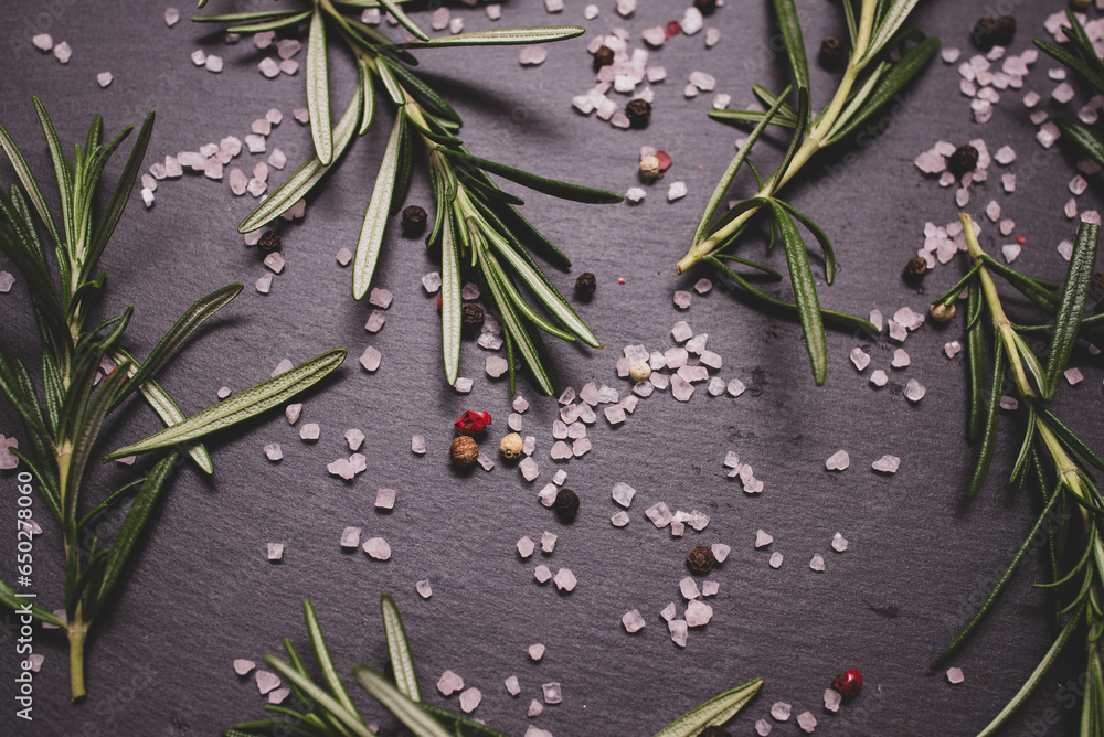 close-up of rosemary plant on black serving board with pepper and salt - obrazy, fototapety, plakaty 