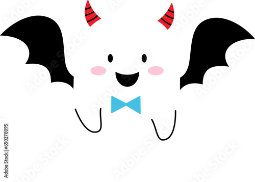 Cartoon Halloween kawaii ghost character dons cute devil horns, wings and a playful bow tie for a whimsical party look. Adorable vector spook combining funny elements for a charming and unique costume