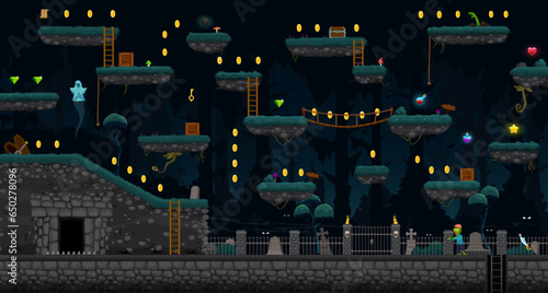 Arcade Halloween cemetery game level map interface. Platform and ghosts, zombie and coins, tomb stones and graves. Cartoon vector ui parallax background with night graveyard, monsters and assets