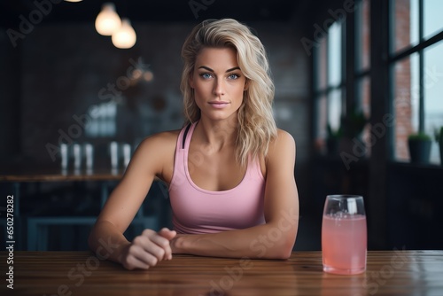 athletic woman in pink sportswear sits at the bar and drinks liquid collagen. health care. skin care. protein shake photo