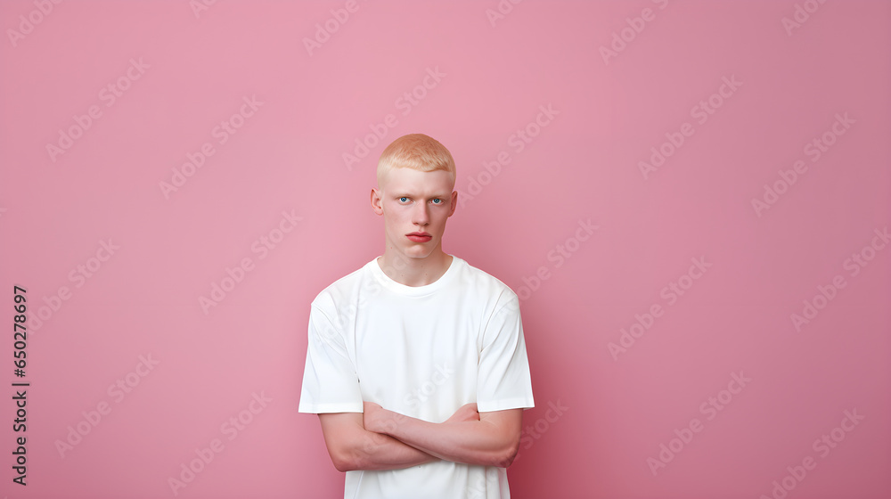 Young albino blond man wearing white t-shirt over isolated pink background looking confident and happy. Young albino blond man wearing white t-shirt over isolated pink background looking confident and happy.