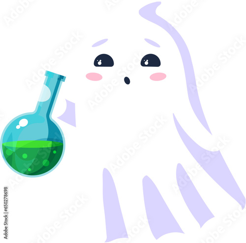 Halloween kawaii ghost holds a potion flask. Cartoon cute vector spook character with holiday concoction bottle exuding a charming aura with a whimsical, endearing smile, radiating a spectral cuteness