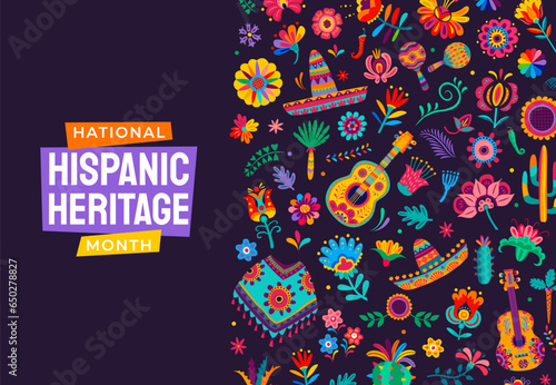 Sombrero, tropical flowers, guitar and poncho background for national Hispanic heritage month festival, vector banner. Latin Americans culture, traditions and art heritage festival floral ornament