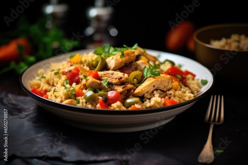 A Bowl Of Cauliflower Rice With Chicken And Vegetables