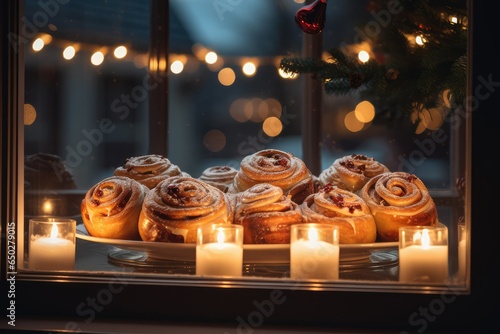 Christmas baking cinnamon booths. decorated showcase with desserts. new year mood. warm light garland of glass showcases. Christmas market