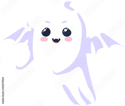 Halloween kawaii ghost character. Isolated cartoon vector funny spook with sparkling eyes, bat wings, fangs and horns terrifies during horror night celebration. White little monster playfully floats