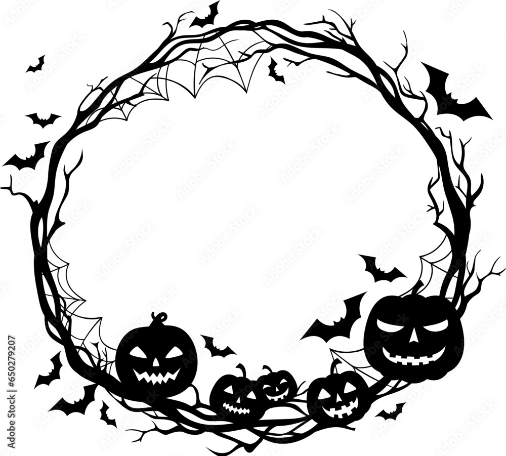 Poster Halloween holiday black frame with spooky pumpkins and spider ...