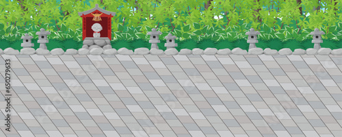 参道と祠と森の風景_横スクロールゲームの背景_シームレス