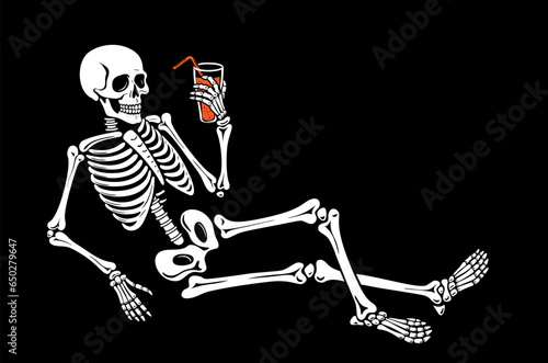 Halloween skeleton drink cocktail. Isolated vector eerie skeletal personage sipping beverage through the straw, embodying the macabre spirit of the night, adding a spooky twist to the celebration