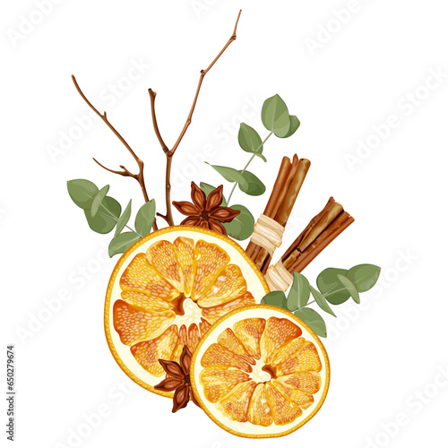 Christmas decorations with dried orange, spruce, eucalyptus, cinnamon,  fir, anise. The aroma of bouquets. Cozy decor. Homemade holiday decorations. Stock vector illustration.