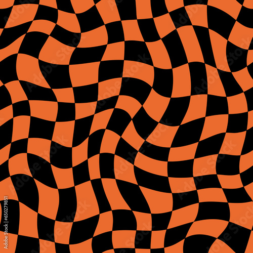 Halloween psychedelic seamless pattern, optical curvy wavy background. Vector distorted checkerboard hippie backdrop, curve retro groovy grid in Y2k style, repeated distorted print in orange and black