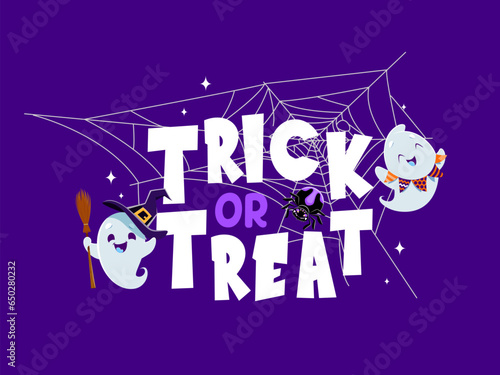 Halloween kawaii ghosts on spider cobweb, trick or treat vector banner for holiday. Halloween horror night party background with cute spooky ghoul ghost in witch hat with broom and spider in spiderweb