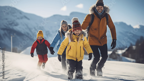 Familias felices jugando en la nieve en invierno