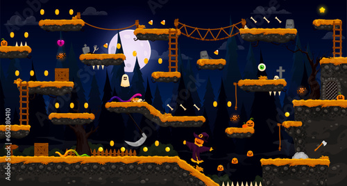 Arcade Halloween midnight horror game level map interface. Platform, stairs and coins, bonuses. Vector eerie night cartoon parallax background with spooky ghosts, moon, forest tree silhouette, assets