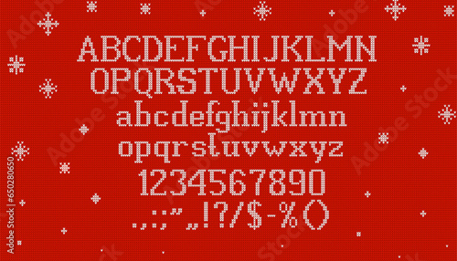 Sweater Christmas font or type. Holiday typeface, knit alphabet. English letters complete vector typeset or ABC punctuation symbols, digits with wool jumper fabric texture, Christmas sweater pattern