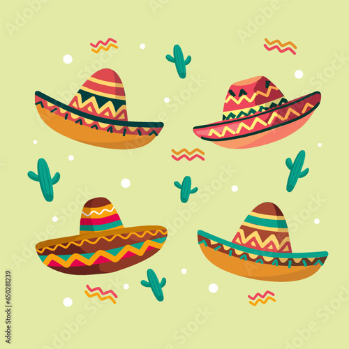 Illustration set of Mexican sombrero hat vector Illustration