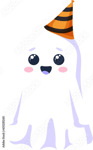 Halloween kawaii ghost character wearing striped festive hat. Isolated cartoon cute vector phantom, smiling spook adding a delightful touch of whimsy and spookiness to the holiday seasonal festivities