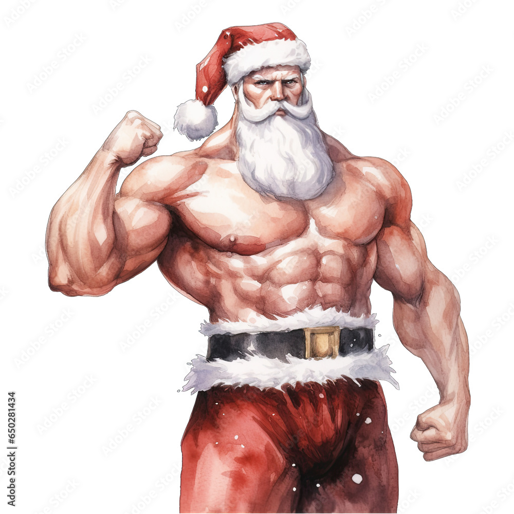 Buff looking wrestler Santa Claus, shirtless, wearing a gym or ...