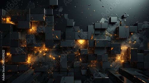 Fototapeta Naklejka Na Ścianę i Meble -  Abstract black background with sparks over geometric 3d pattern on the wall