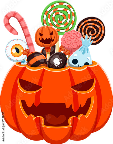 Halloween sweets in pumpkin. Vector delightful treats nestled within a carved jack lantern bucket. Lollipops, candy canes and chocolate create a festive and tasty surprise for the seasonal festivities