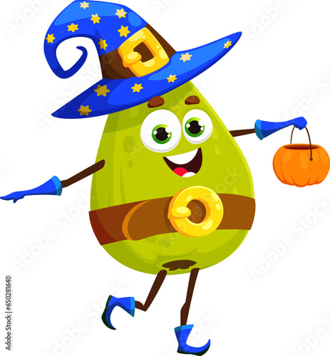 Cartoon funny Halloween pear fruit character in holiday costume of astrologer. Isolated vector chuckling food personage dons cosmic starry hat, carrying a pumpkin bucket for sweets, and festive treats
