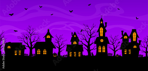 Halloween town landscape with trick or treat night city street houses. Vector silhouettes of Halloween holiday homes, spooky pumpkin lanterns with lights, scary bats, trees, witch cat and crows