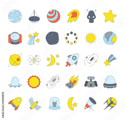 Set space simple element flat vector collection illustration cosmic astronaut theme sky