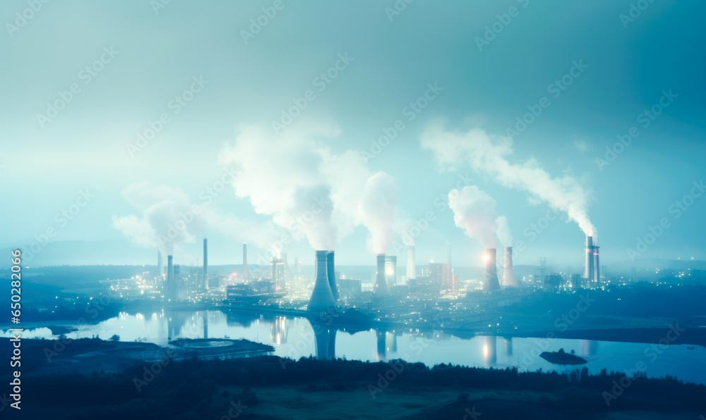 A polluted cityscape, an industrial plant releasing smog into the atmosphere, and the impact on nature. An issue in the industrial sector that's contributing to planetary pollution