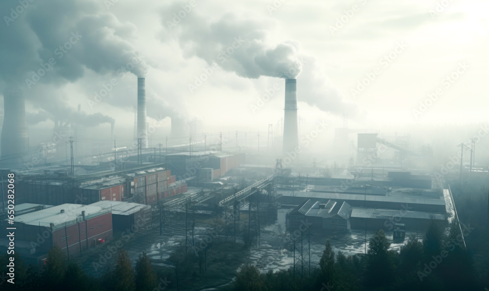 A polluted cityscape, an industrial plant releasing smog into the atmosphere, and the impact on nature. An issue in the industrial sector that's contributing to planetary pollution