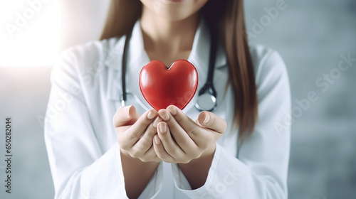 Female doctor holding a heart model with two hands. Health care business background, copy space.