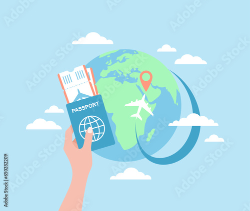 A hand holding a passport and airline tickets, an earth globe with an airplane flying to a location point and clouds on a blue background. Flat vector illustration