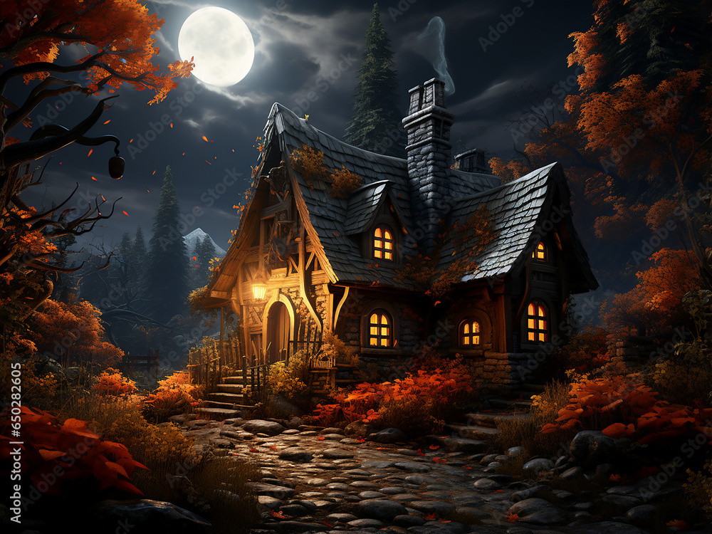 Obraz premium Isolated Halloween cabin in a creepy forest. AI Generation.