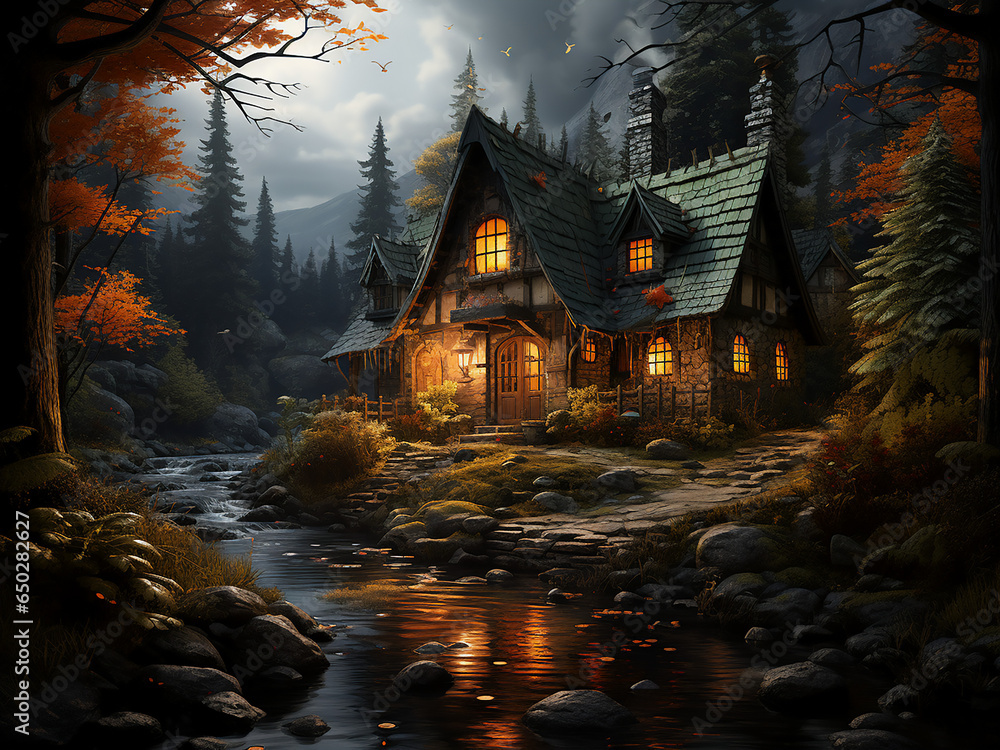 Mysterious Halloween wood cabin amidst the trees. AI Generation.