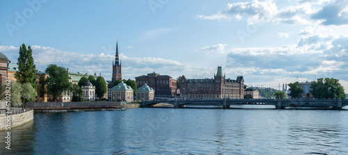 Stockholm Sweden panoramic view of Vasa Bridge and Gamla Stan Old Town. Building, calm water. Banner