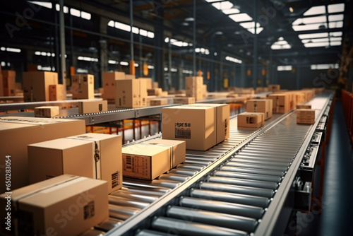 distribution warehouse designed for e-commerce, a conveyor belt is prominently featured, with a line of cardboard box packages moving along it. modern distribution methods for online shopping.