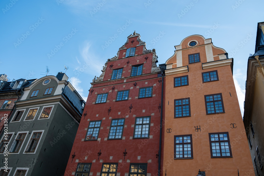Stockholm Sweden, building at Stortorget Grand Square, Gamla Stan Old Town. Upper part, under view