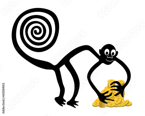Monkey with a pile of golden coins - a paraphrase of the famous geoglyph The Monkey from Nazca