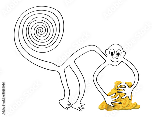 Monkey with a pile of golden coins - a paraphrase of the famous geoglyph The Monkey from Nazca