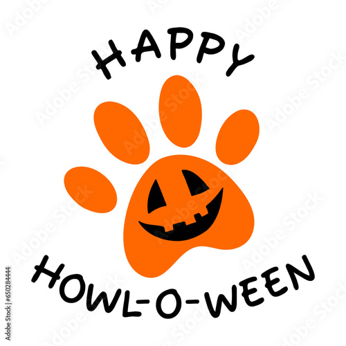 HAPPY HOWL-O-WEEN. Dog paw with pumpkin. Happy Halloween. Paws prints dog. Love dogs. Fall, autumn, Thanksgiving, Halloween element for design.Isolated on white background