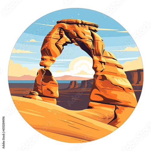 Delicate Arch in Arches National Park in Utah US National Park circular badge style illustration. Flat artwork style. US National Parks