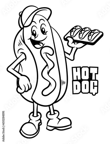 Funny Hot dog cartoon character wearing a cap, and selling a tray of hot dogs. "hot dog" lettering text. Best for outline, logo, and coloring book with street food and fast food restaurant themes